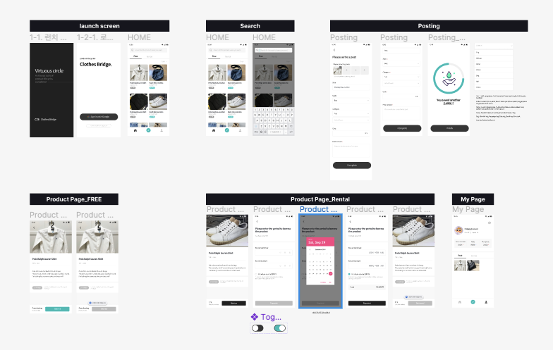 Final screen set covering launch, search, posting, free and rental product pages, and my page