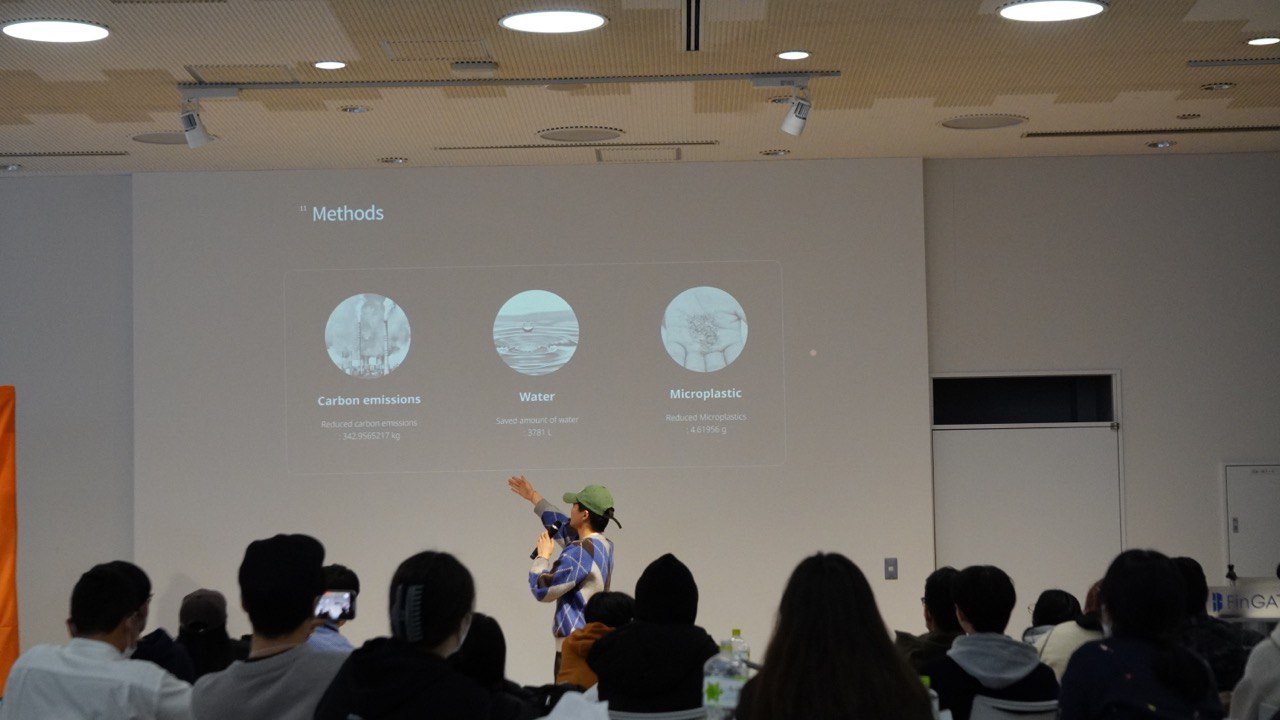Presenting the ClothesBridge impact estimates on stage at the hackathon's closing session